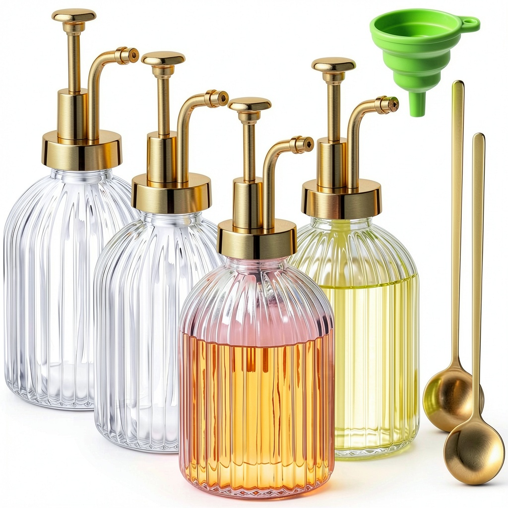 LemonRoad gold pump syrup dispenser set displayed on a polished café counter