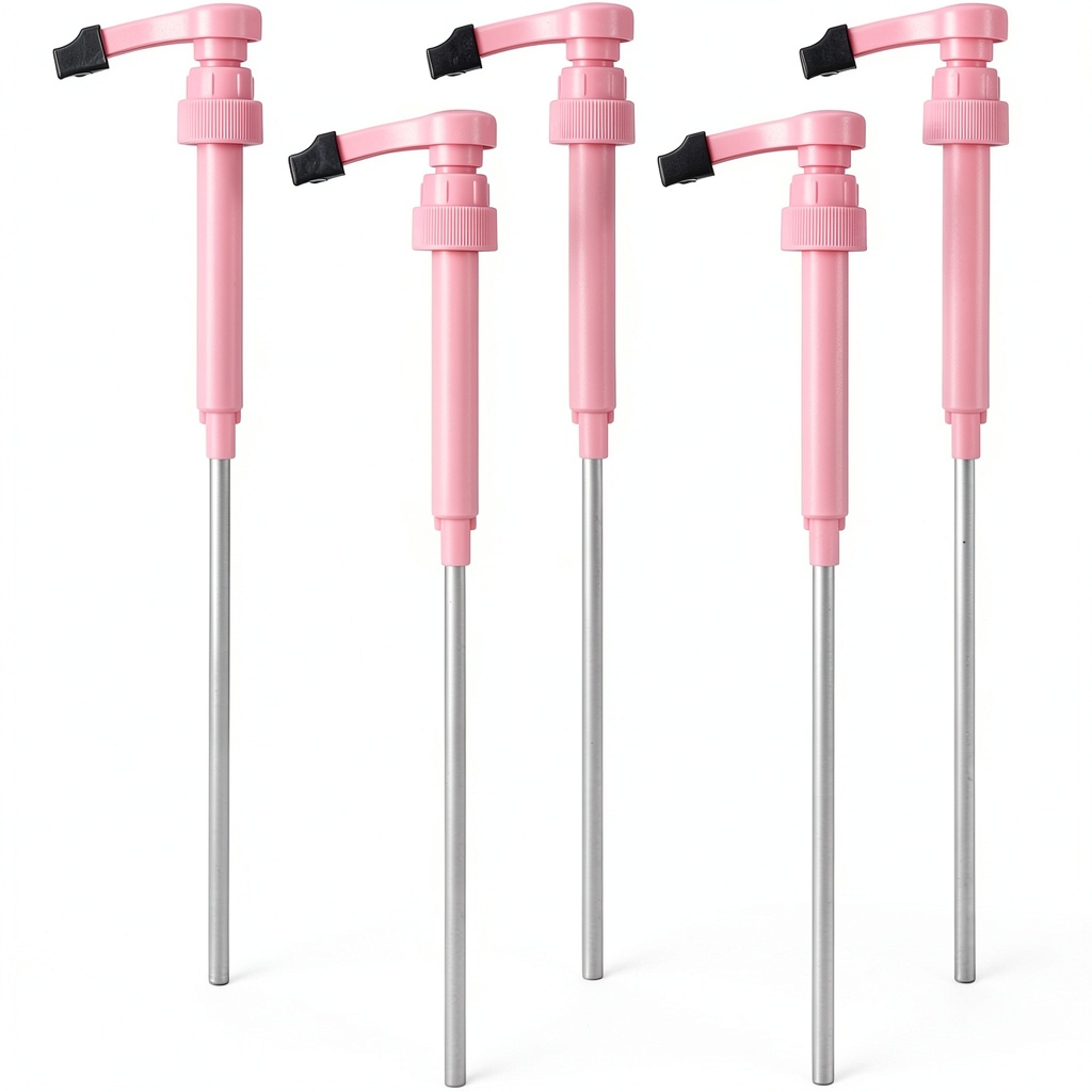 Pink syrup pump set displayed on a kitchen counter