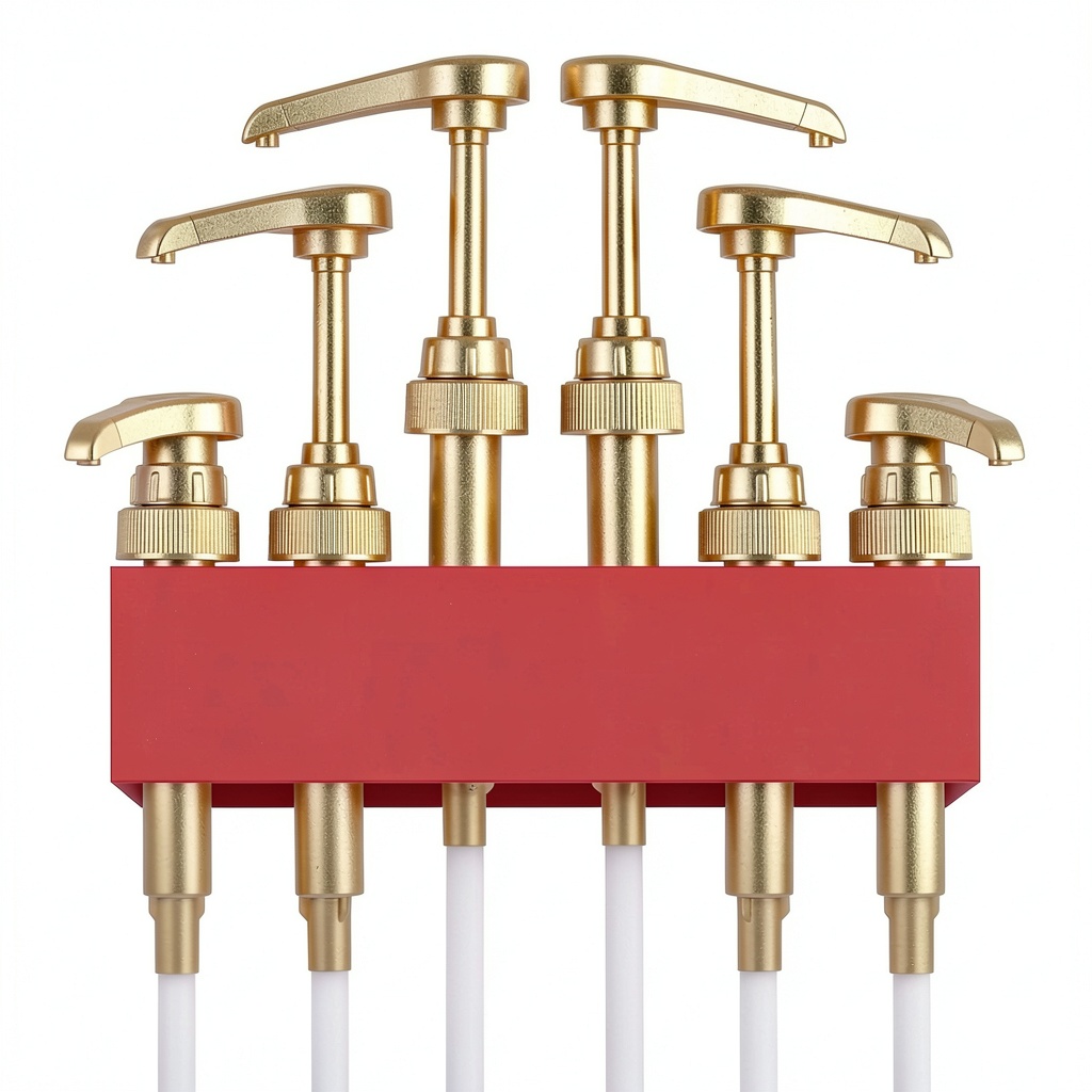Installing Gold Kinfira Syrup Pump Cylindrical Design on a marble countertop in a coffee shop
